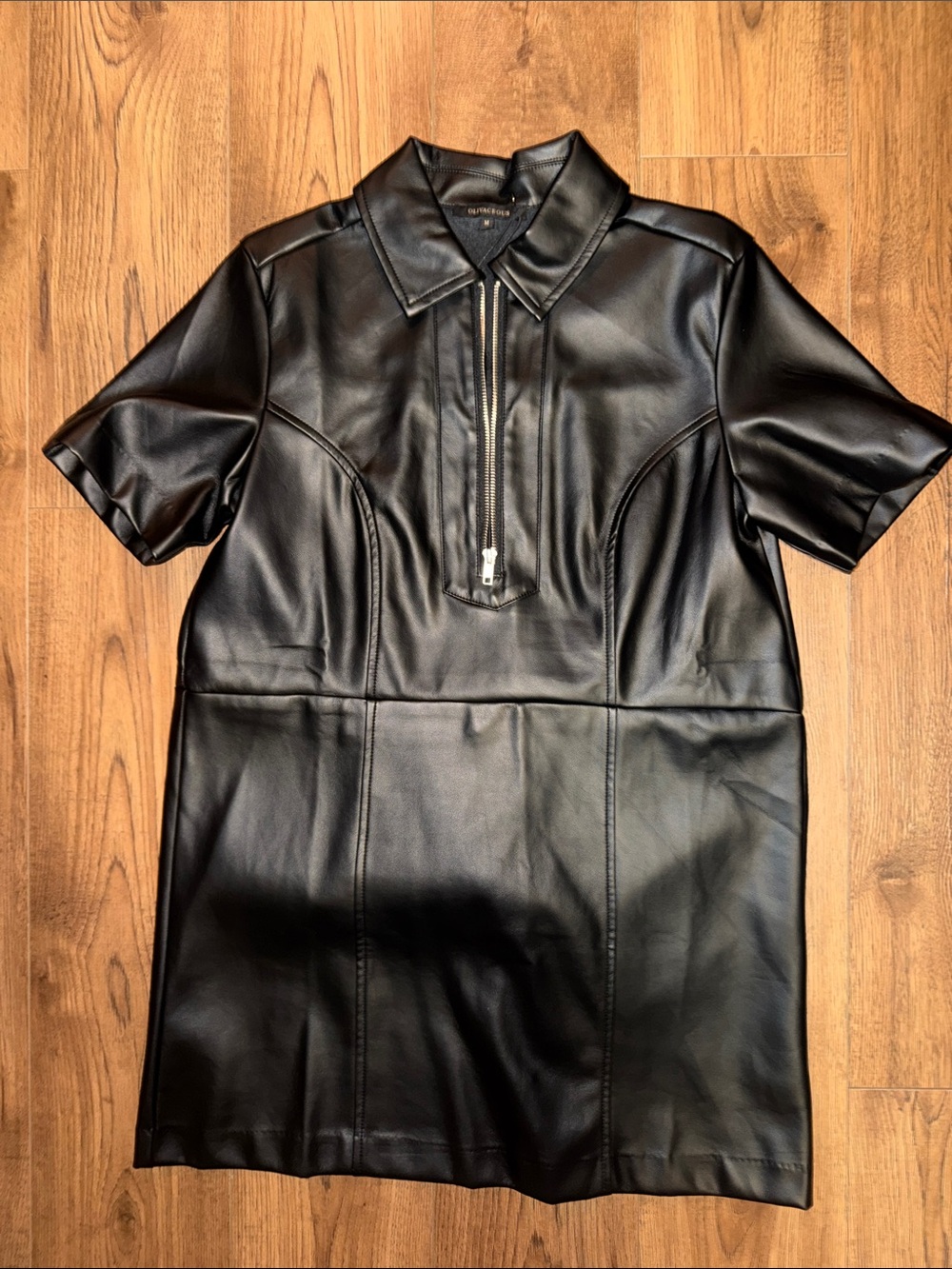 Black Faux Leather Collared Mini Dress